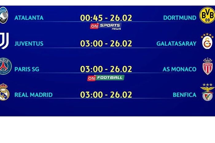 Lịch thi đấu bóng đá hôm nay 25/2: Sôi động Cúp C1 châu Âu